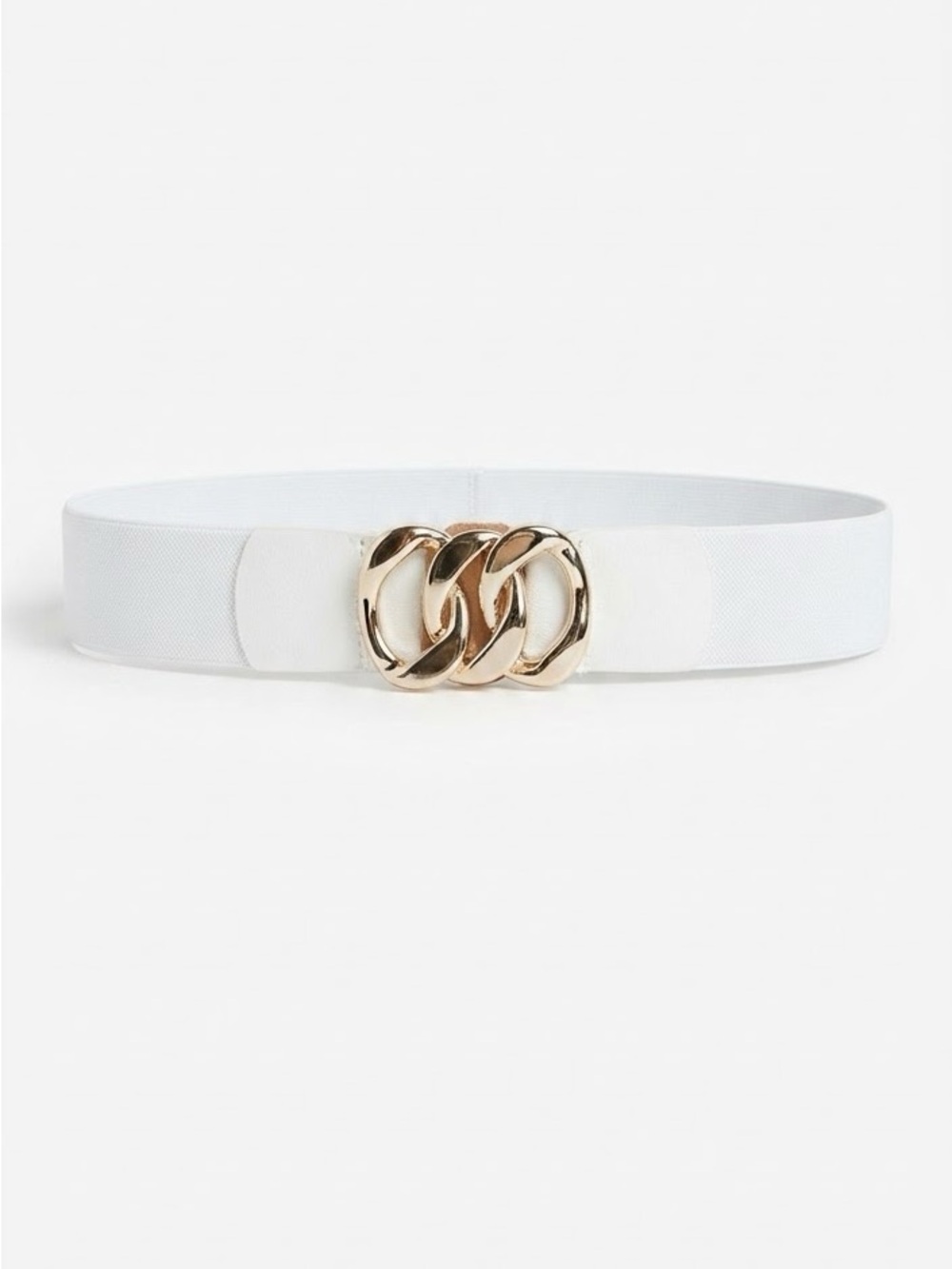 White Elastic Waist Belt Gold Interlocking Link Buckle Stretch Cinch Statement